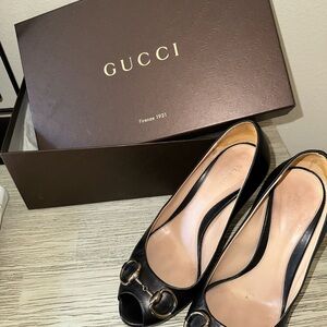 Authentic Gucci Hollywood Peep Toe Pumps — Black Leather Heels Size 38 (Women’s)